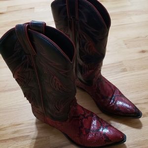 Code West Snake Skin Cowboy Boots, Red & Black, Size 7.5M